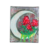 Original Textured Painting  Indian Paintbrush looks like it is sitting on the moon  Indian Paintbrush is the State flower of Wyoming  Dark gray sparkly background with color and textures in the corner.  Textured Paintbrush along with non-textured Paintbrush. Green from the stems drips down from the flowers over the moon  Canvas wrapped on wooden frame  D-ring and wire attached for hanging  8" Long x 10" high x 2" wide