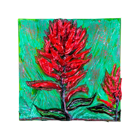 Original Textured Painting  Green textured background with salmon pink iridescent splashes  One large textured Indian Paintbrush flower in the center with a smaller textured Paintbrush flower on the side  Canvas wrapped on wooden frame  D-ring and wire attached for hanging  8" Long x 8" high x 2" wide