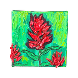 Original Textured Painting  Green textured background with a textured silver colored half moon  1 Large textured Indian Paintbrush in the center with two smaller textured Paintbrush in the lower corners  Textured stems and leaves fill out the flowers  Canvas wrapped on wooden frame  D-ring and wire attached for hanging  5" Long x 5" high x 2" wide