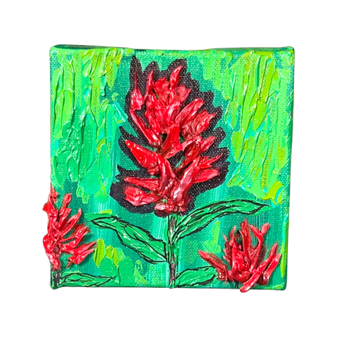 Original Textured Painting  Green textured background with a textured silver colored half moon  1 Large textured Indian Paintbrush in the center with two smaller textured Paintbrush in the lower corners  Textured stems and leaves fill out the flowers  Canvas wrapped on wooden frame  D-ring and wire attached for hanging  5" Long x 5" high x 2" wide