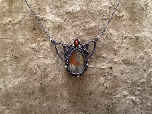 Adjustable Necklace -Grey Orange Agate on Grey Cord