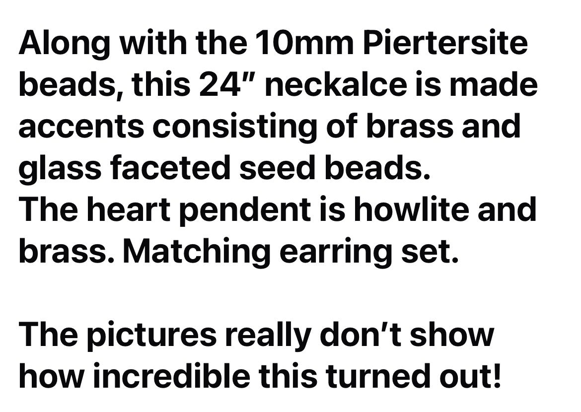 Earring and Necklace Set - Howlite Heart, Pietersite Beads and Brass