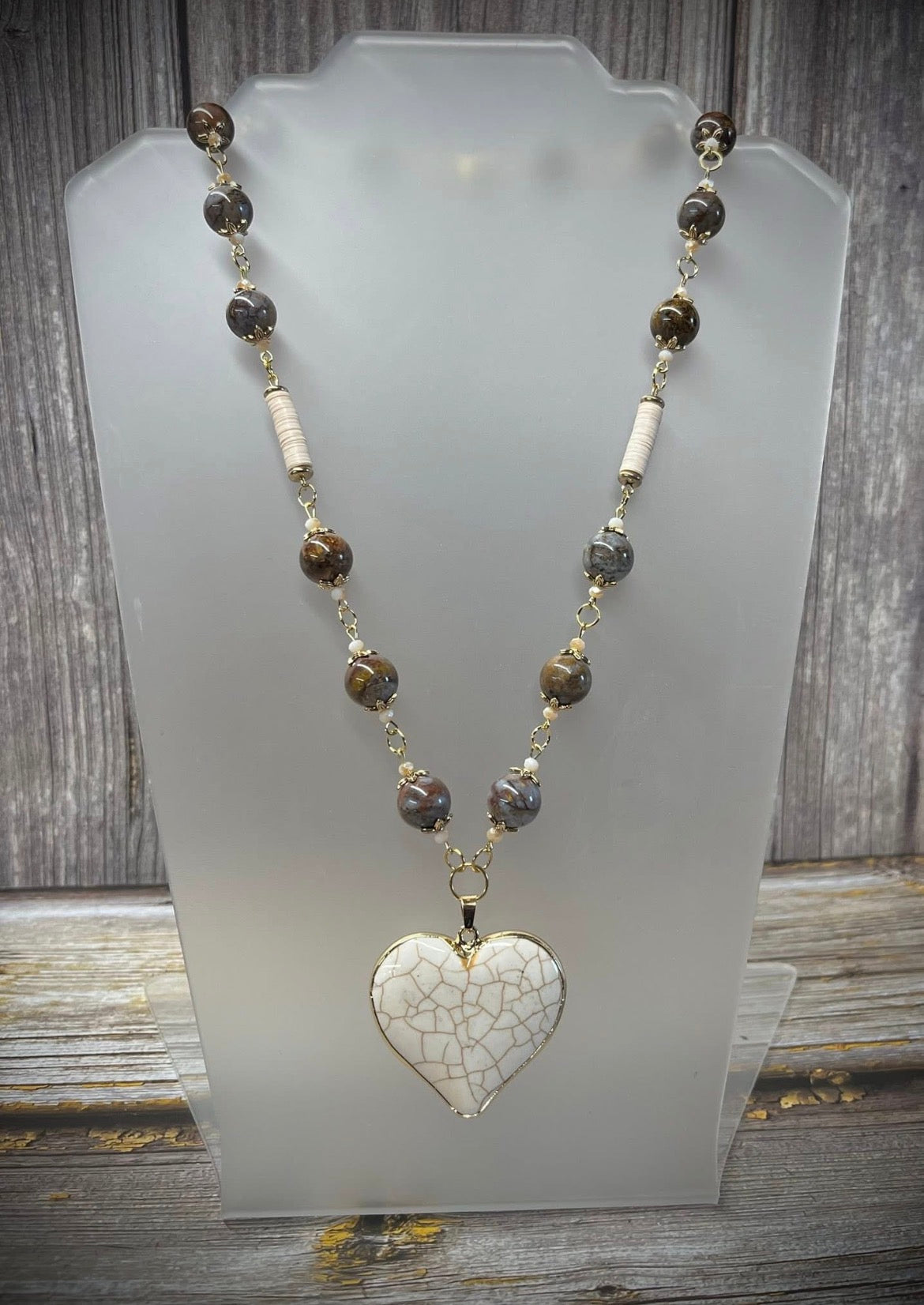 Earring and Necklace Set - Howlite Heart, Pietersite Beads and Brass