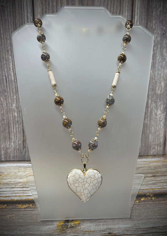 Earring and Necklace Set - Howlite Heart, Pietersite Beads and Brass