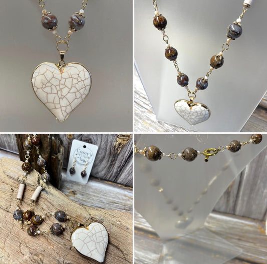 Earring and Necklace Set - Howlite Heart, Pietersite Beads and Brass