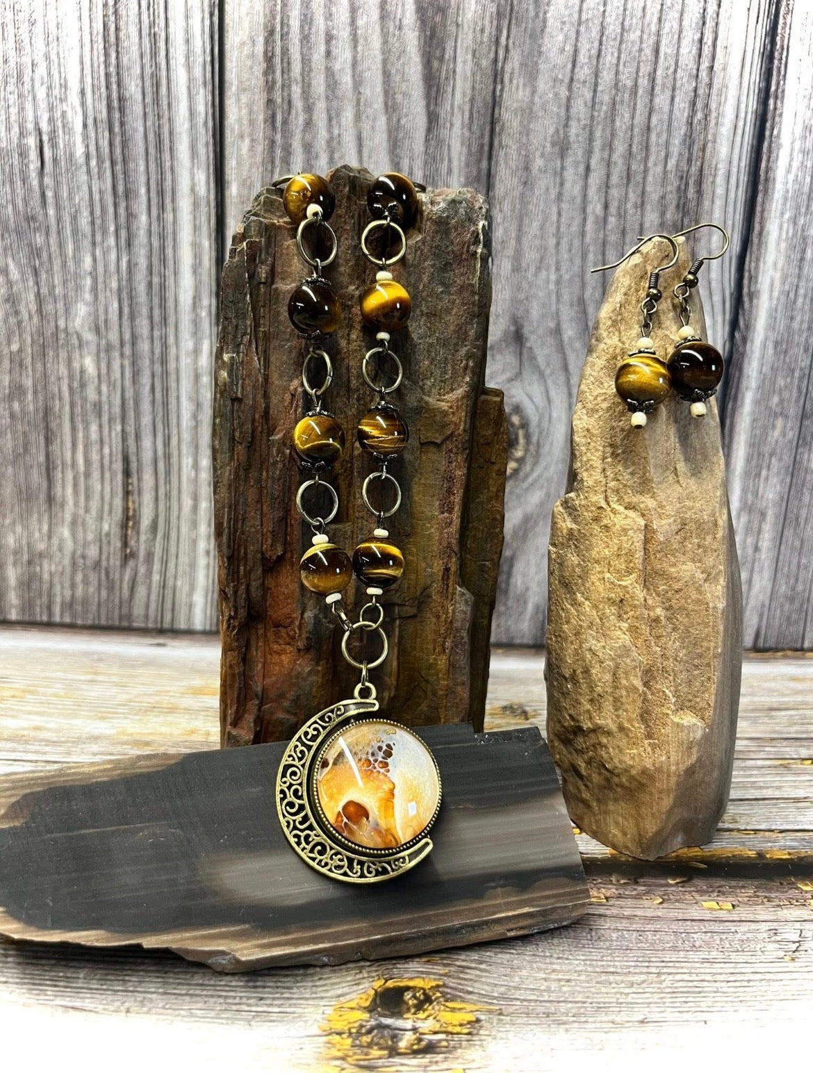 Earring and Necklace Set - Tigers Eye and Brass
