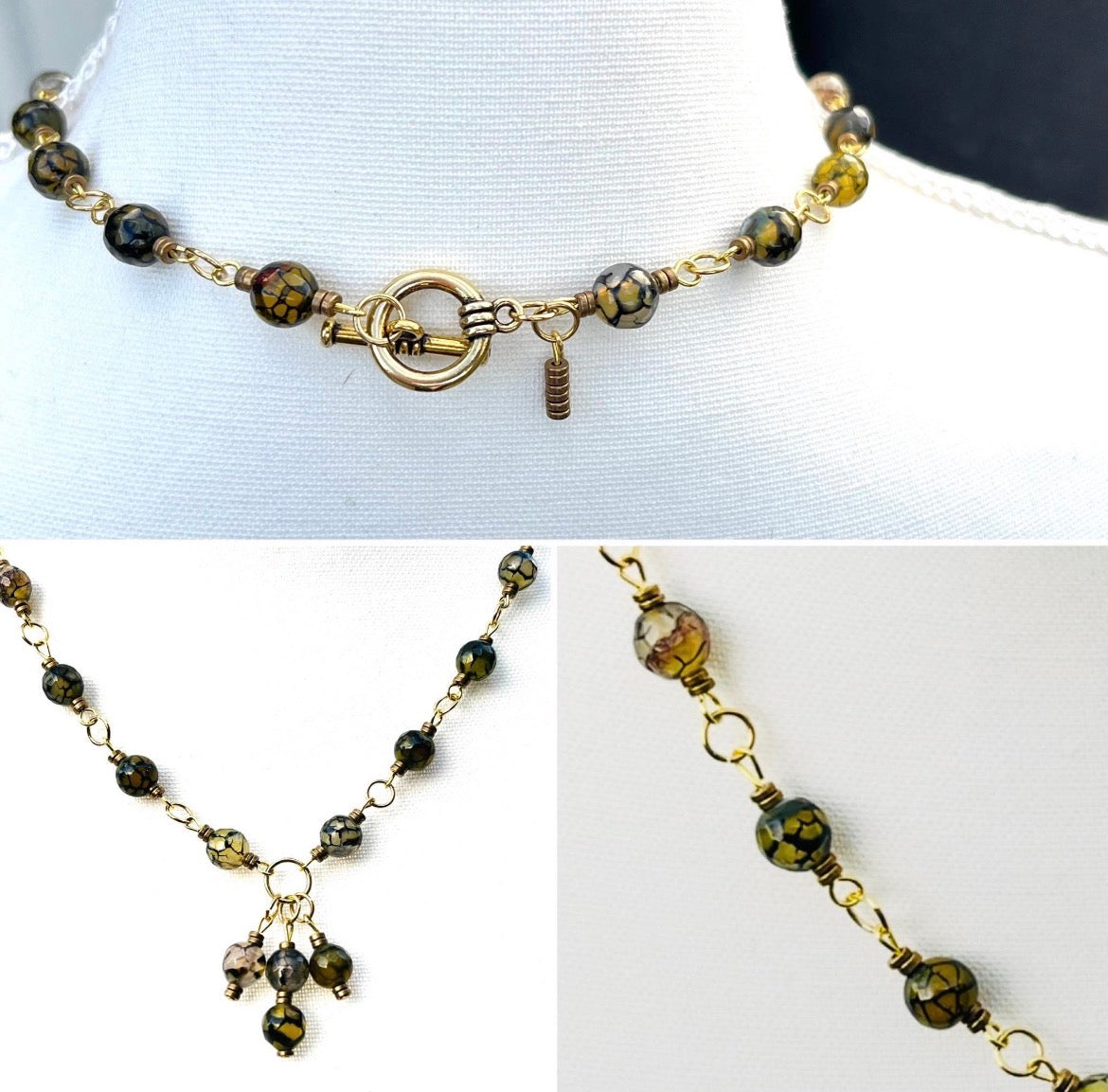 Earring and Necklace Set - Dragon Vein Agate and Brass