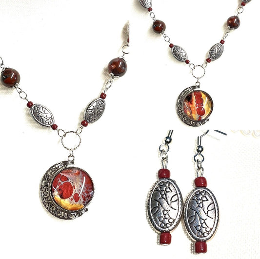 Earring and Necklace Set - Brecciated Jasper and Silver Moon