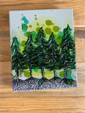 Original Textured Painting  Textured forest of Pine Trees with their hand drawn black roots anchoring them to the ground  Light green background with spots of various colors of green behind the trees  Canvas wrapped on wooden frame  D-ring and wire attached for hanging  8" Long x 10" high x 2" wide