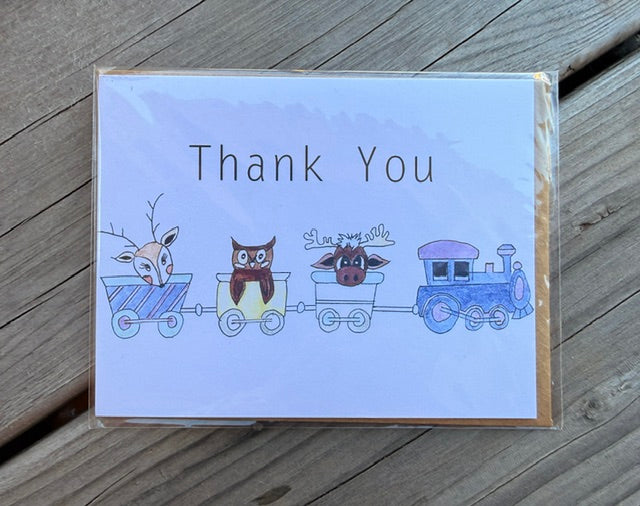 Greeting Card- "Thank You" With Cute Animals on a Train