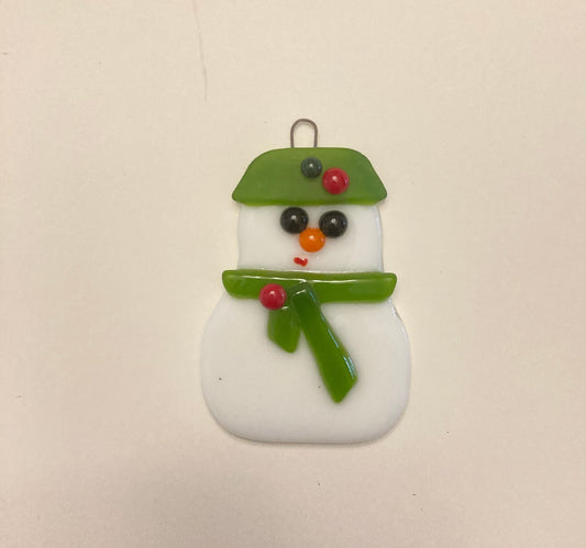 " Christmas Colors" Fused Glass Snowman Ornament