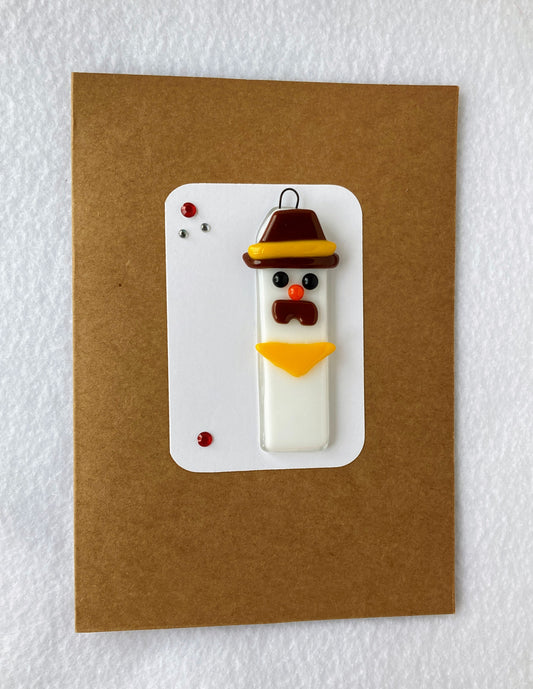 Fused Glass Christmas Ornament  Snowman cowboy with brown hat with gold stripe  Yellow Scarf  2' wide 2' long 0.25 high ornament  Included is a 5" x 7" blank Kraft paper card with envelope