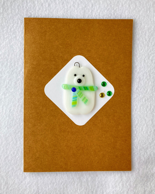 Fused Glass Christmas Ornament  Polar bear with green and white striped scarf  Blue button on scarf