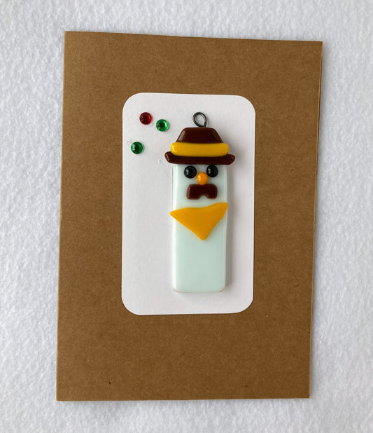 Fused Glass Christmas Ornament  Snowman cowboy with mustache  Brown hat with yellow stripe  Yellow Scarf