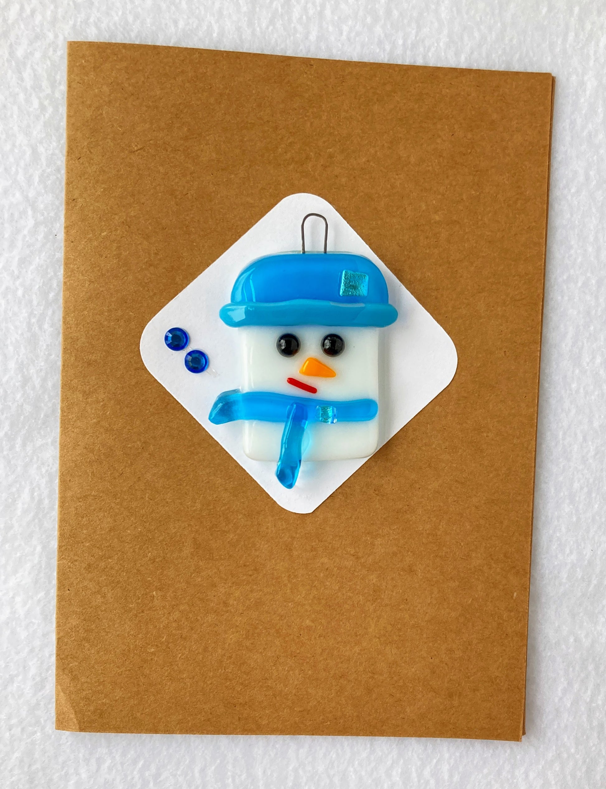 Fused Glass Christmas Ornament  Snowman with aqua blue scarf and hat  2' wide 2' long 0.25 high ornament