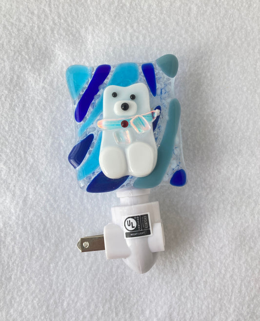 Fused Glass Nightlight  Various shades of blue background  Polar bear with Iridescent scarf