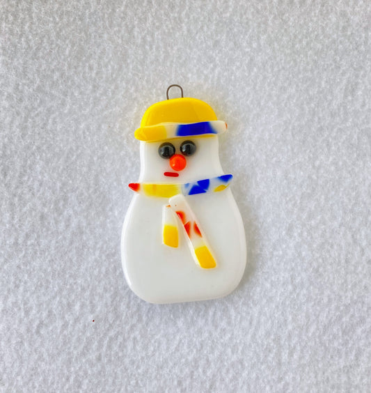 " Yellow hat" Fused Glass Snowman Ornament