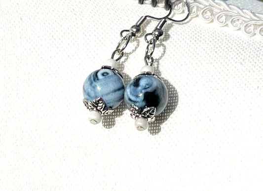 Necklace And Earring Set - " Blue Agate and Silver, Feather Pendant "