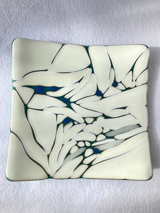 " Teal Plate with Cream Dots " Fused Glass Dish
