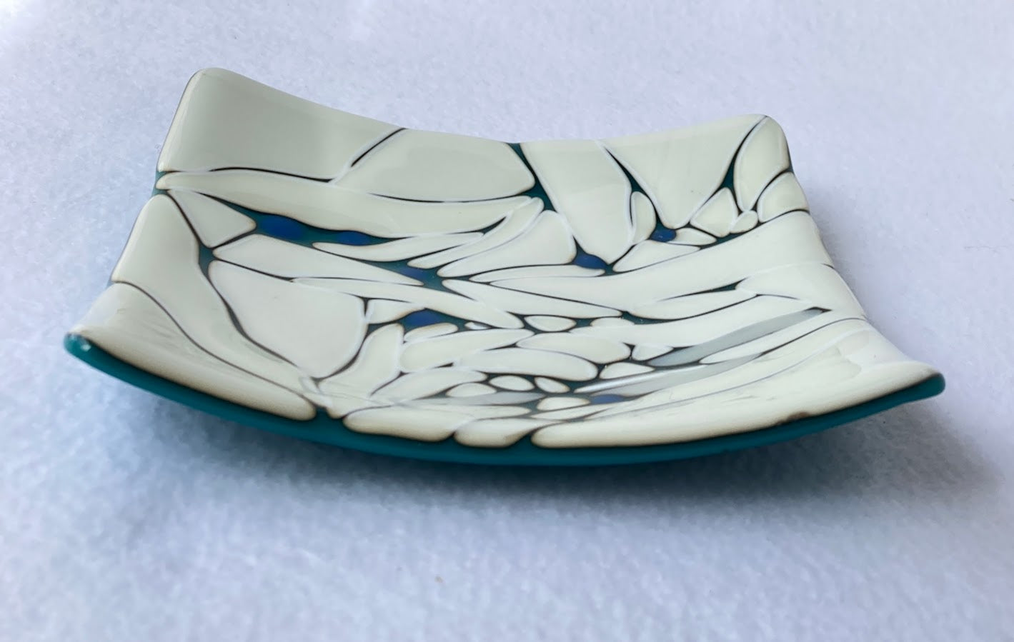 " Teal Plate with Cream Dots " Fused Glass Dish