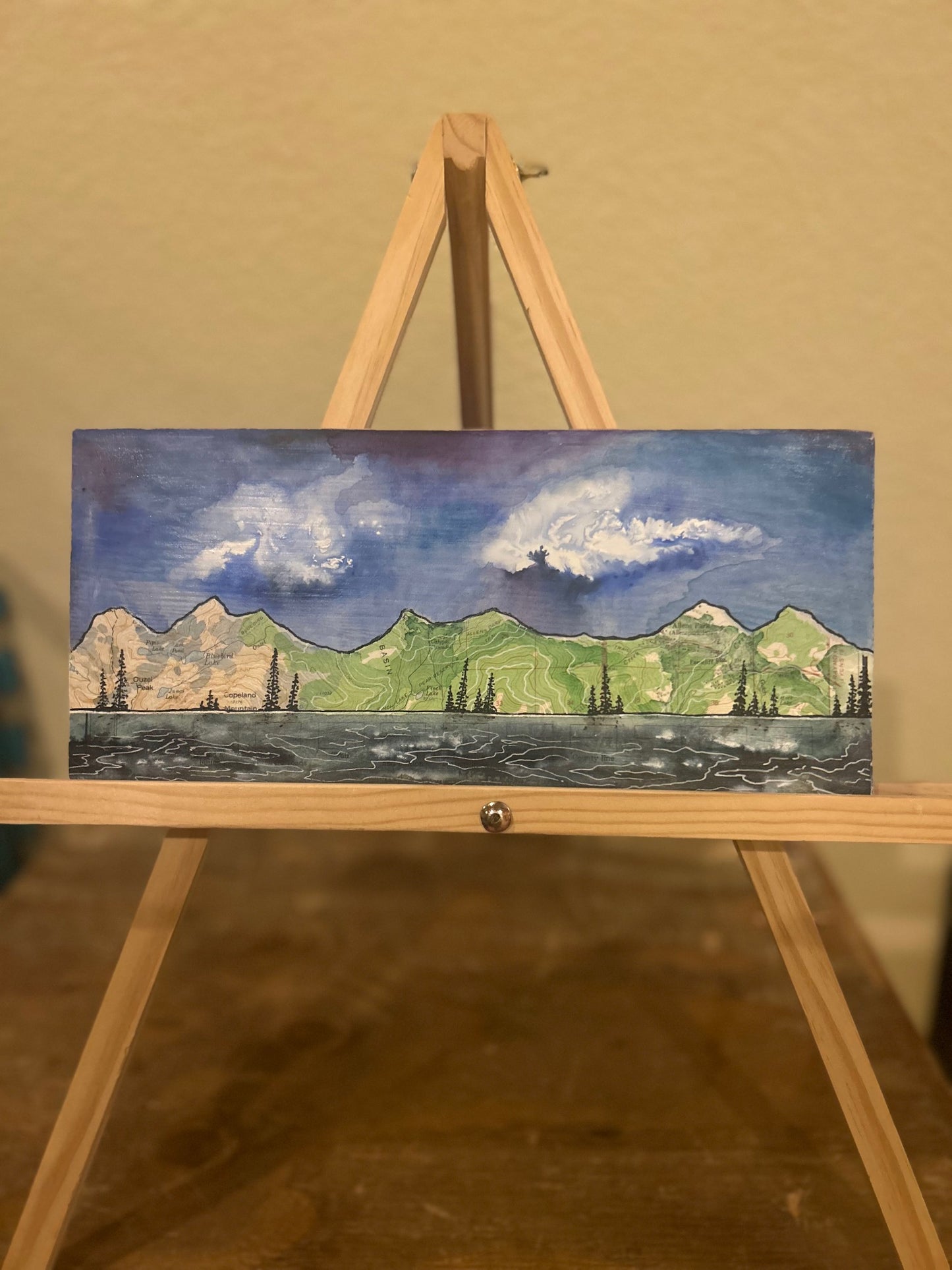 Finch Lake- Original Watercolor On Wooden Plank