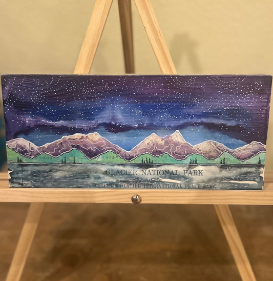 Glacier National Park- Original Watercolor On Wooden Plank
