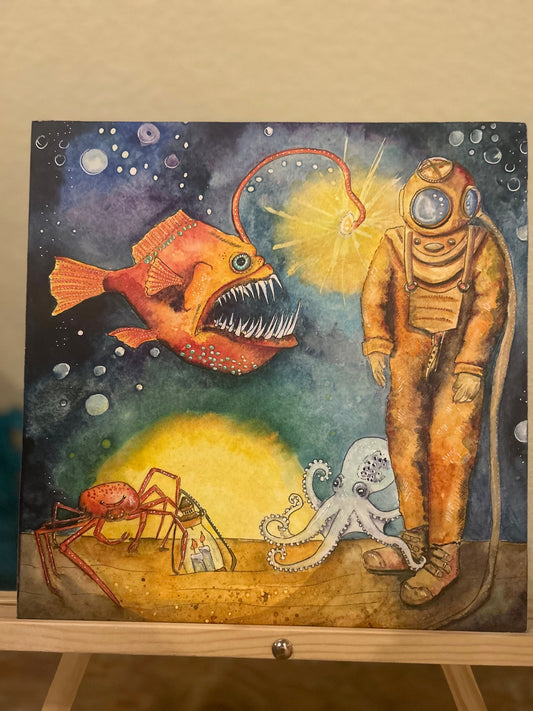 Story Lines - Angler Fish, Diver, Octopus and Crab - Original Watercolor