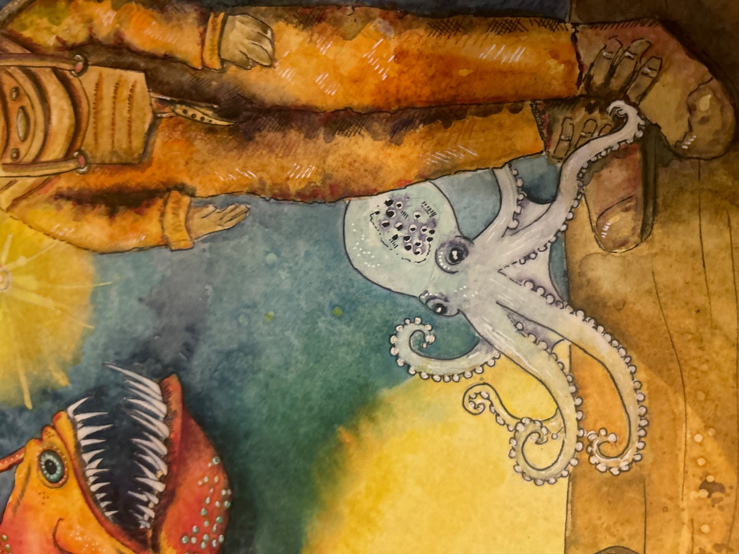Story Lines - Angler Fish, Diver, Octopus and Crab - Original Watercolor