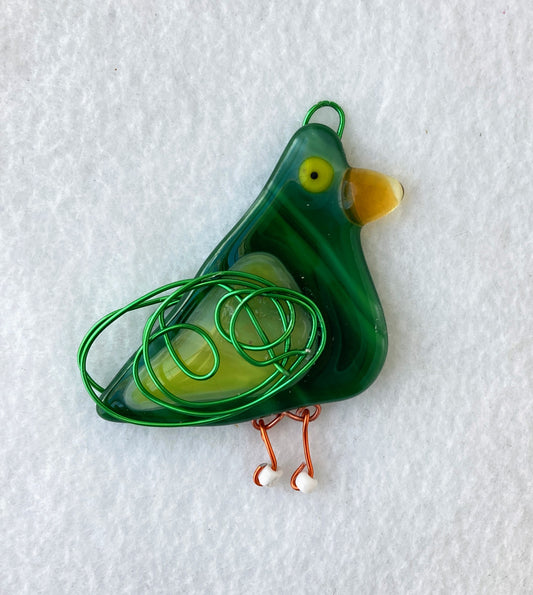 " Goofy Green Bird" Fused Glass Sun Catcher