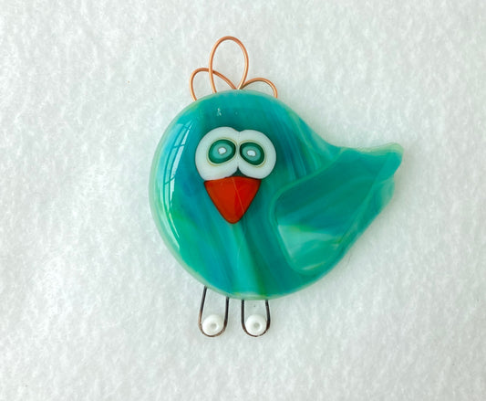 Glass Fused Ornament- Goofy Wide Eyed Bird