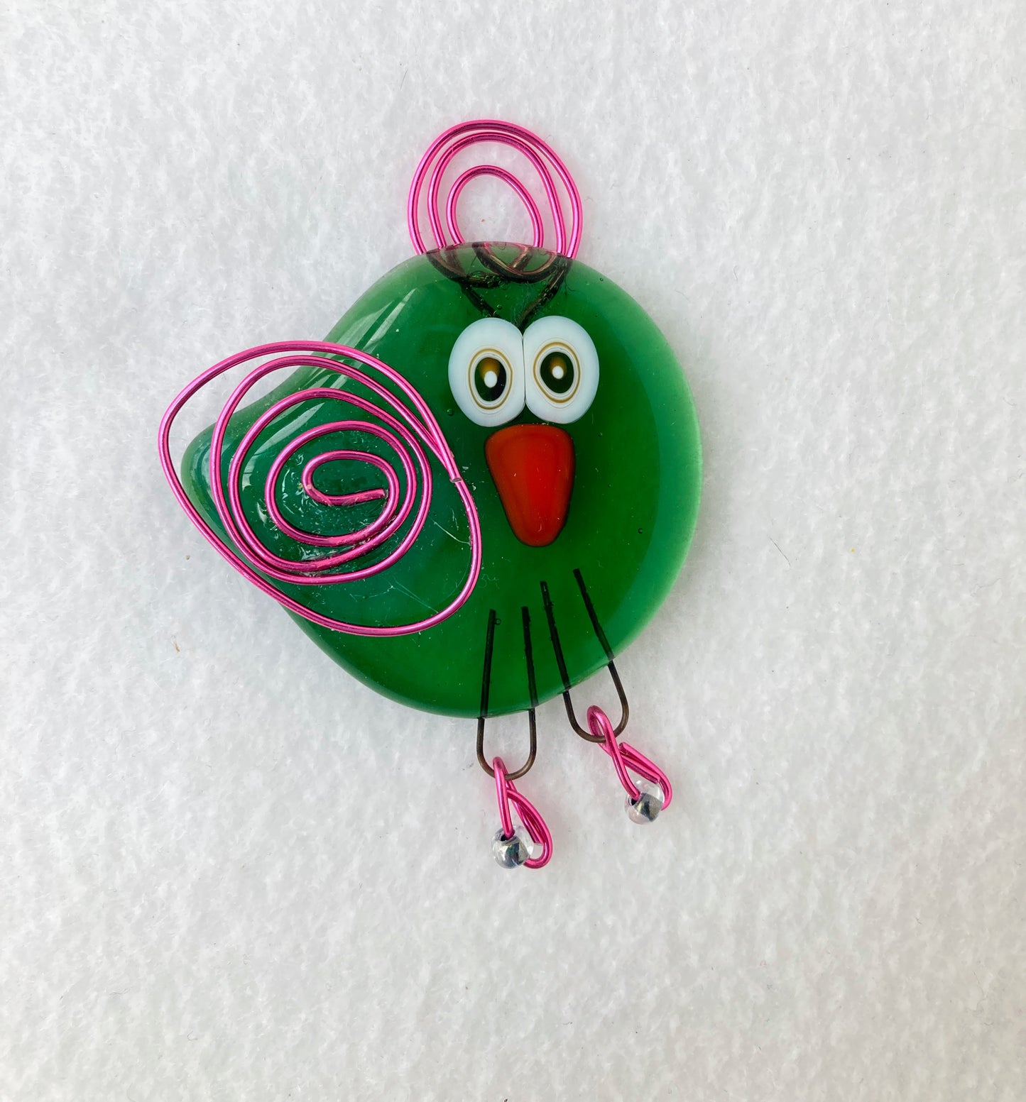 Glass Fused Ornament- " Tickled Pink " Green Bird