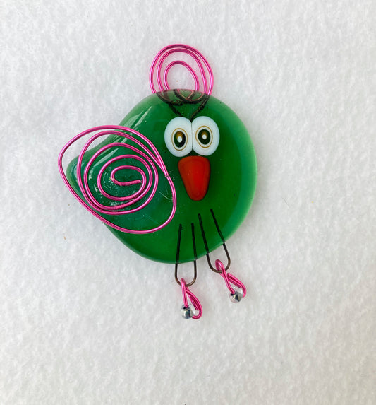 Glass Fused Ornament- " Tickled Pink " Green Bird