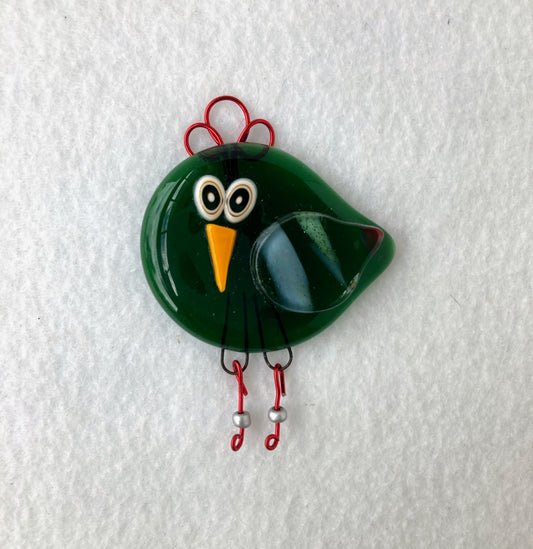 Glass Fused Ornament- " I Love Christmas " Green Bird