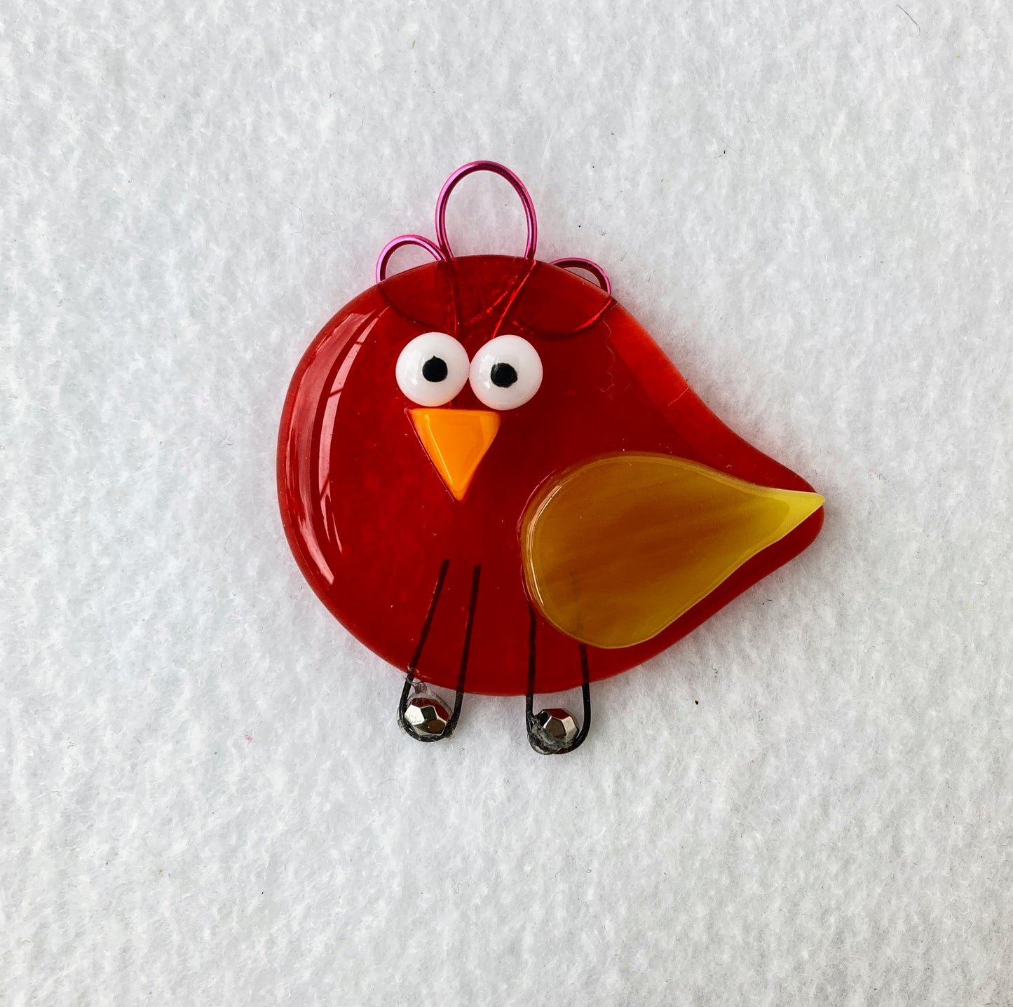 Glass Fused Ornament- Red Happy Bird