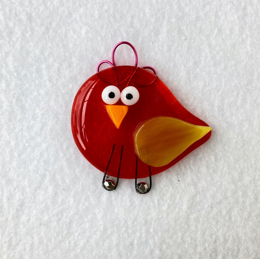 Glass Fused Ornament- Red Happy Bird