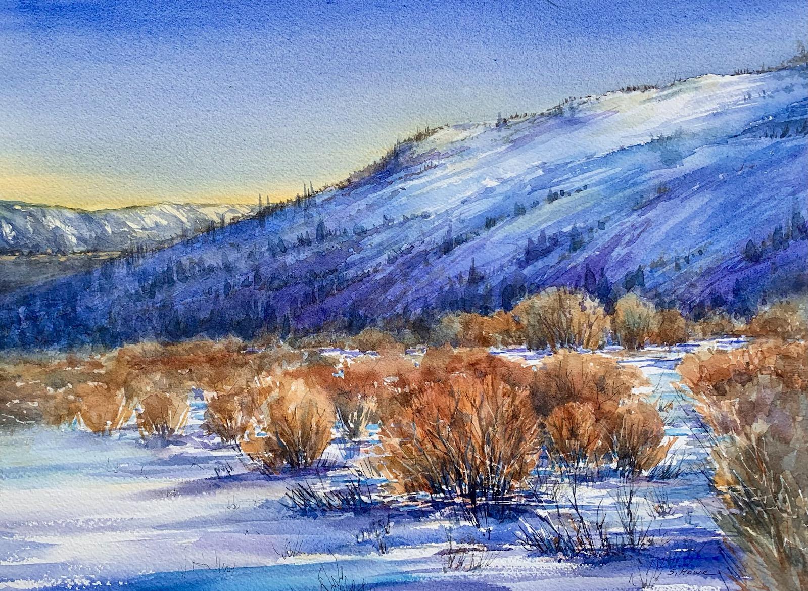 " Long Shadows " Framed Original Watercolor Watercolor Artist: Svetlana Howe Original watercolor painting  Winter scenery  On the road to Kremmling Colorado  20" long x 16" high matted in white matting  22" long x 18" high framed in a brown wooden frame  D-ring and wire on the back of the frame for hanging