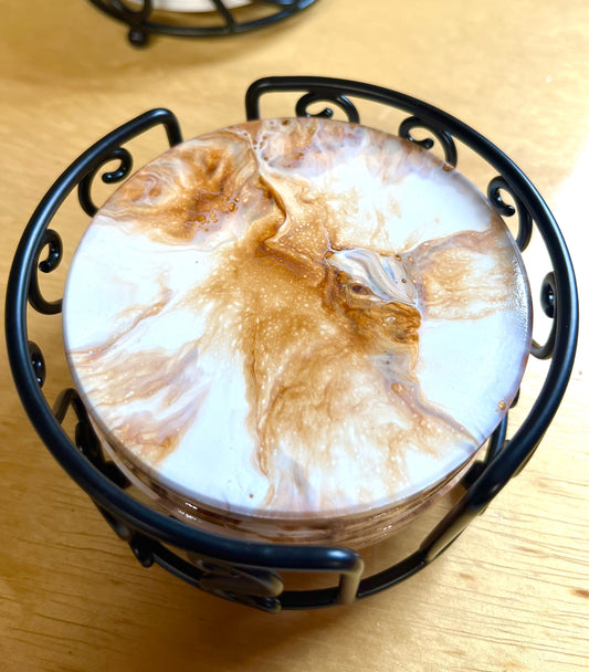 Coaster Set "Wyo Cowboy Colors- Brown and Gold" Set Of 5 W/ Holder