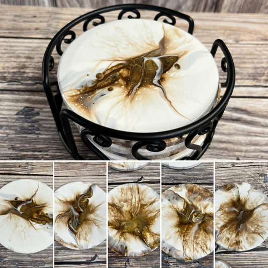 Coaster Set "Dark Umber Gray and White" Set Of 5 W/ Holder