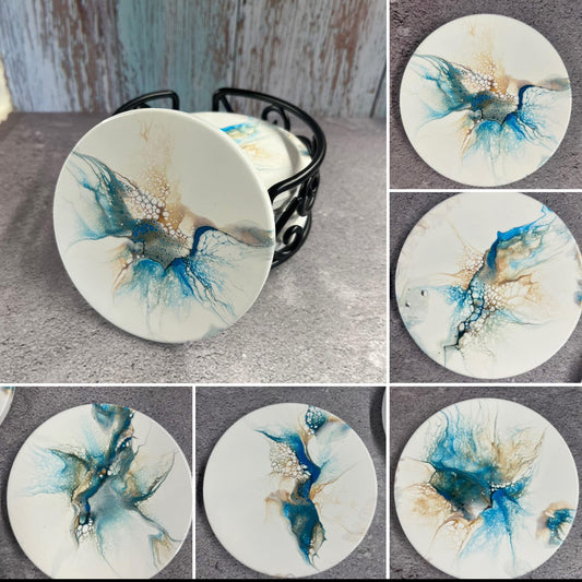 Coaster Set "Blue, Tan, and White" Set Of 5 W/ Holder