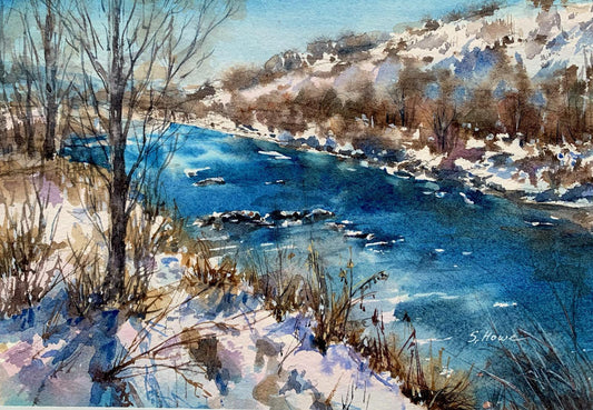 " Breathe In " Framed Original Watercolor Watercolor Artist: Svetlana Howe Original watercolor painting  Wet on Wet watercolor technique painting  Winter river scene near Steamboat Springs, Colorado  11" long x 18" high matted in white matting  1 1/2" long x 9 1/2" high framed in a dark brown frame with designs  D-ring and wire on the back of the frame for hanging
