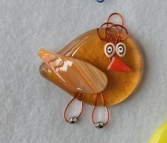 Fused Glass Ornament - "Orange Goofy Bird"