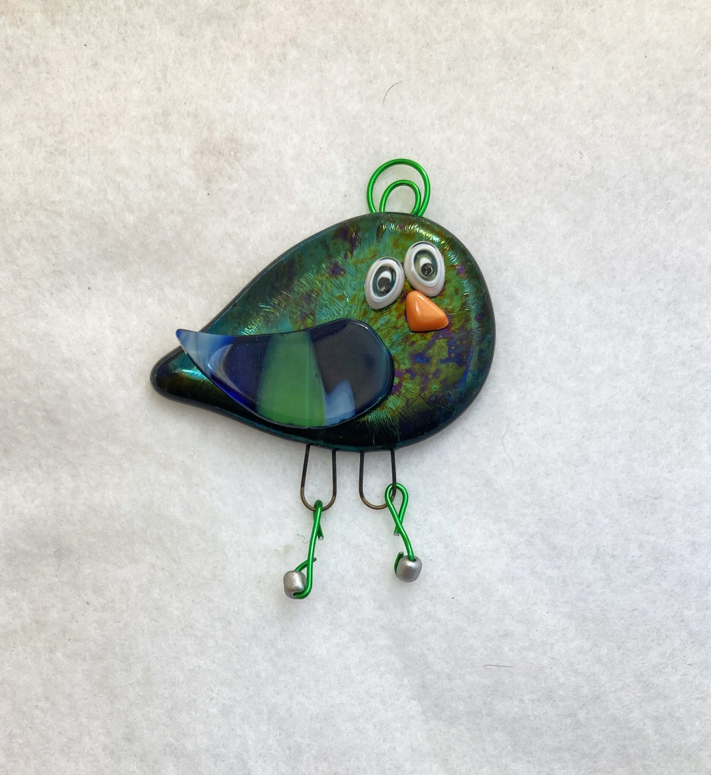 Fused Glass Ornament - "Shiny Green Bird"