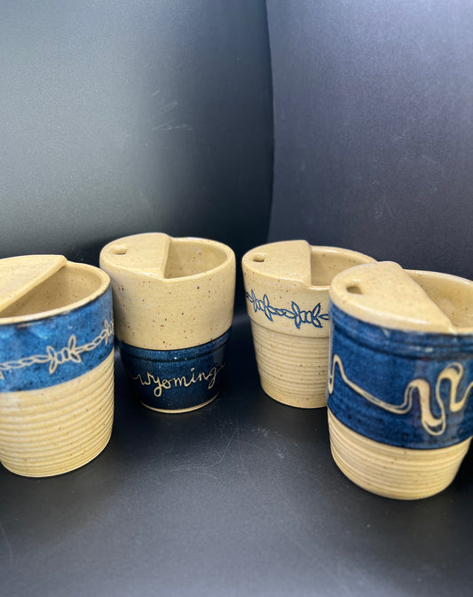 Pottery Tumbler Mug - Blue Barb Wire Design with "Wyoming"