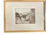 " A Chat On The Road " Cowboy with Dog Framed  Itaglio Etching Artist: Mary Cunningham  Sharing the road with livestock on foot or in a trailer is a common occurrence across the rural West. These less traveled country roads provide the space and safety for cowboys to move livestock to fresh pastures and bring them home for Spring calving and lambing. As the livestock trails down the road the ritual also lends time for friends and neighbors to stop and visit along the way. 