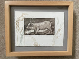 framed mixed media intaglio print of a little pig