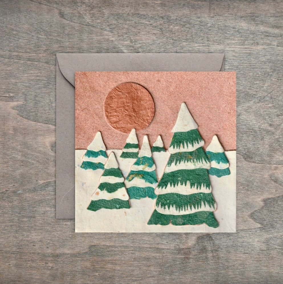 " Snowy Forest Sunset " Paper Collage Art