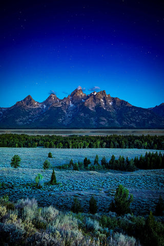 An early summer morning photograph of the valley of Grand Teton National Park  Stars are seen from this long-exposure image