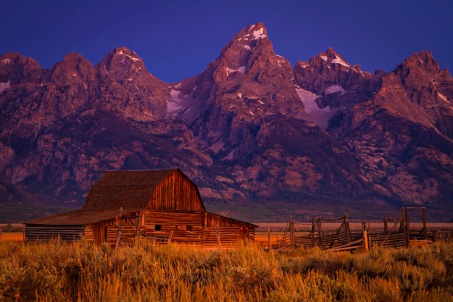Fall morning at the famous Moulton Barn in Grand Teton National Park  Twilight, just before the sun makes an entrance