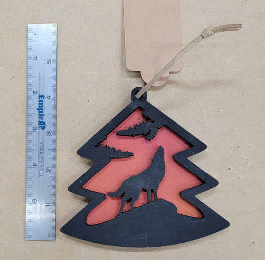 " Wolf" Red and Black Pine Tree Ornament
