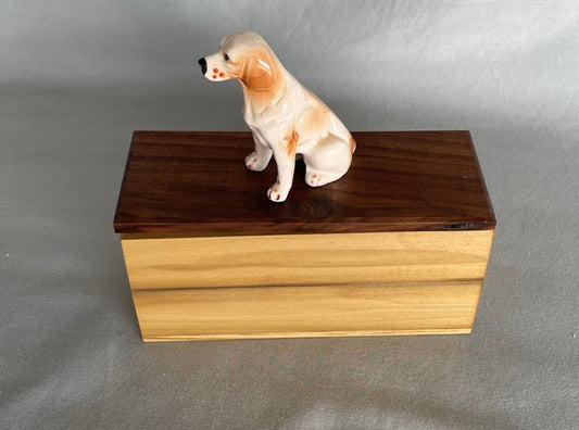 The " Sitting Setter " dog is vintage ceramic, made in Japan, probably in the 50's  The box top is a 100-year-old Black Walnut, and the box is Poplar with a distinctive stripe and a soft green tinge and the very bottom is in pine  A real nice box that would accent any table and hold your keepsakes, pens, pencils, jewelry or even maybe a favorite pipe.  6" x 2.5" x 6"